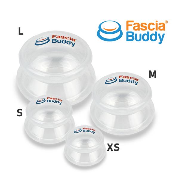 Image of 4 sizes of silicone cupping therapy cups with the Fascia Buddy logo printed on top of all of them. Beside each cup is text with their size: "XS", "S","M","L". The Fascia Buddy logo is featured on the upper right corner of the image.